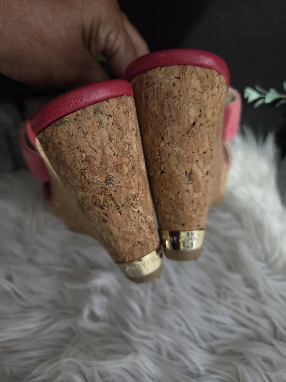 Jimmy Choo Pink Suede Cork Wedge Slide Sandals. Size 7.5, (37.5) women